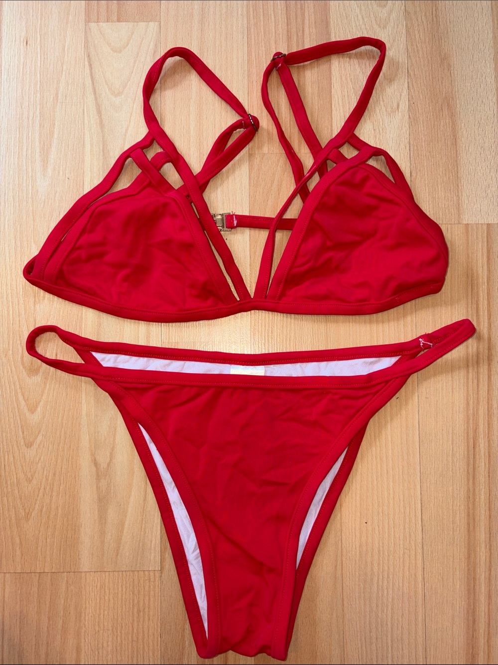 Red Strappy Triangle Bikini Set - Women's Swimwear
